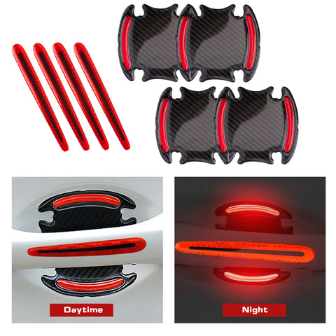 Car Side Door Marker Rearview Mirror Edge & Door Handle Protector Guard Cover Warning Sticker Set, Carbon Fiber Pattern w/ Reflective Safety Strip (Red)