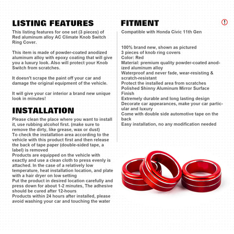 3x Red Center Console AC Switch Knob Ring Covers For Honda Civic 11th Gen 2022+