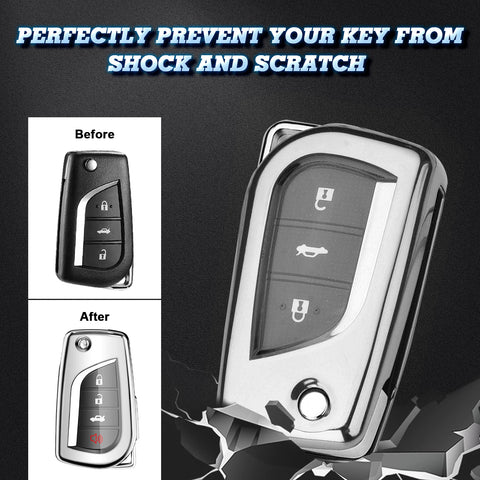 Soft TPU Silver Flip Key Fob Cover For Toyota Auris Corolla Yaris 2/3/4 Button