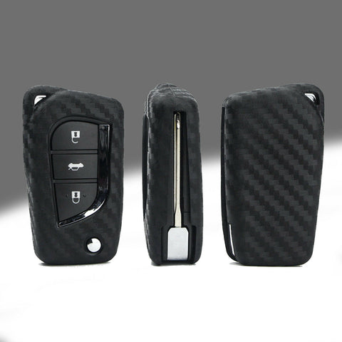 Carbon Fiber Grain Soft Silicone Key Fob Cover Case with Keychain for Toyota Camry 2018-up Flip Blade Key Remote