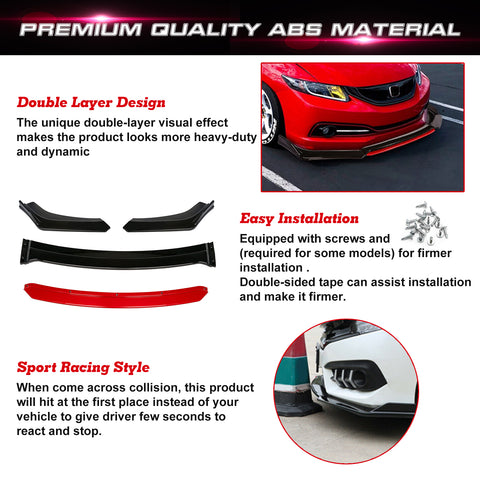 Front Bumper Lip Chin Spoiler Splitter Diffuser Protector Body Kit Compatible with Honda Accord Civic or Volkswagen MK5 MK6 MK7 or Kia Optima or Mitsubishi Lancer, Matte Black w/Red 4pcs