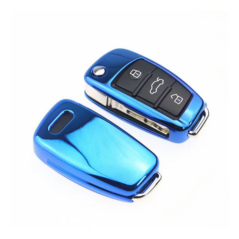 For Audi Key Fob Cover Case, Soft TPU Key Shell Cover Holder Protector Compatible with Audi A1 A3 A4 A5 A6 Q3 Q7 R8 A6L TT Flip Key 3 Buttons, Blue
