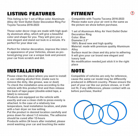 Blue Aluminum Air Vent Outer Outlet Circle Ring Trim For Toyota Tacoma 16-2023