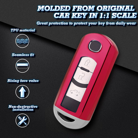 Xotic Tech Red TPU Key Fob Shell Full Cover Case w/ Red Keychain, Compatible with Mazda 2 3 5 6 CX-3 CX-5 CX-7 CX-9 MX-5 Miata Smart Keyless Entry Key