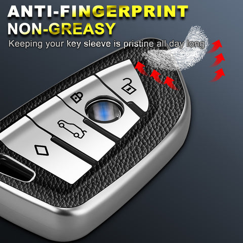 For BMW X1 X3 X5 X6 X7 5 7 Series Silver TPU Leather Key Shell Fob Case Cover w/Keychain