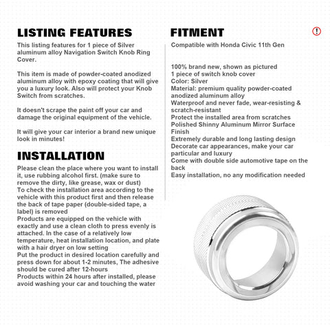 Silver Navigation Knob Ring Decor Molding Cover For Honda Civic 11th Gen 2022+