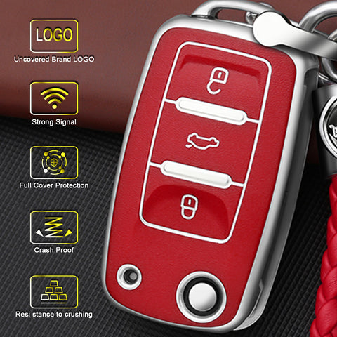 Key Fob Cover for VW Volkswagen Golf GTI Passat Beetle Tiguan Polo EOS Jetta MK1-MK6 3 Buttons,Soft TPU Full Protection Key Shell Case Smart Remote Entry,Red