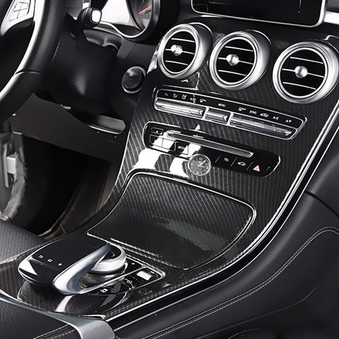 for Mercedes Benz C Class Carbon Fiber Pattern Center Console Gear Shift Panel Cover Trim, Central Control Panel Frame Decorative Sticker Fit for Mercedes Benz C Class W205 / GLC Class W253 2015-2018 (Long Wheelbase, Without Clock / With Clock)