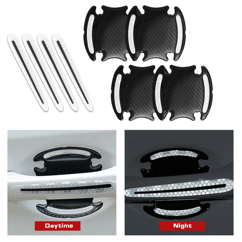 Car Side Door Marker Rearview Mirror Edge & Door Handle Protector Guard Cover Warning Sticker Set, Carbon Fiber Pattern w/ Reflective Safety Strip (White)
