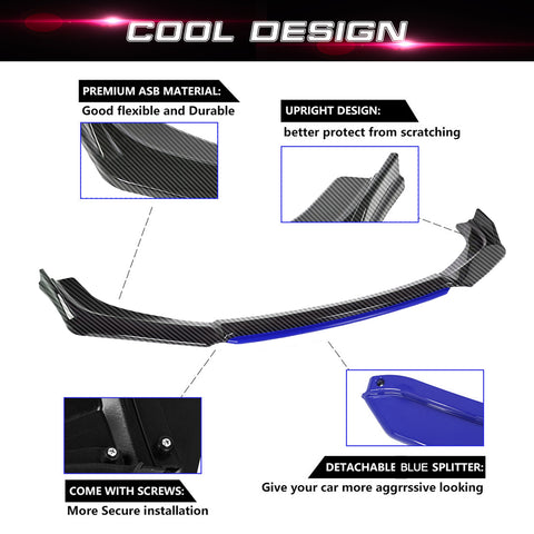 Front Bumper Lip Chin Spoiler Splitter Diffuser Protector Body Kit Compatible with Honda Accord Civic or Volkswagen MK5 MK6 MK7 or Kia Optima or Mitsubishi Lancer, Carbon Black w/Blue 4pcs