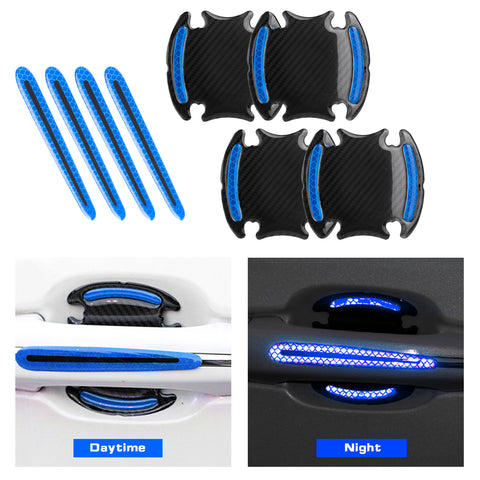 Car Side Door Marker Rearview Mirror Edge & Door Handle Protector Guard Cover Warning Sticker Set, Carbon Fiber Pattern w/ Reflective Safety Strip (Blue)