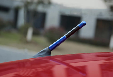 Carbon Fiber Blue Aluminum Antenna Roof Hood Mount Mast 4.7'' inch Screw Type AM/FM Radio Car Antenna JDM Replacement Universal Fit