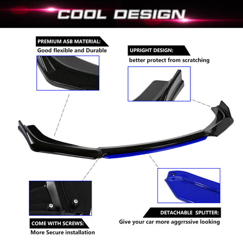 Front Bumper Lip Chin Spoiler Splitter Diffuser Protector Body Kit Compatible with Honda Accord Civic or Volkswagen MK5 MK6 MK7 or Kia Optima or Mitsubishi Lancer, Matte Black w/Blue 4pcs