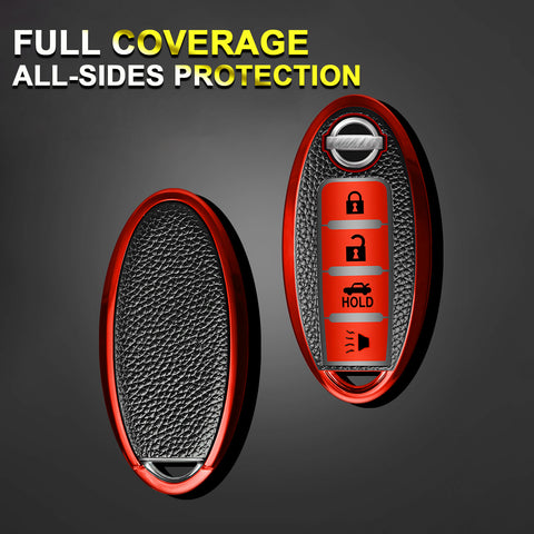 For Nissan Red Soft TPU & Leather 4-Buttons Key Fob Case Full Sealed Protection
