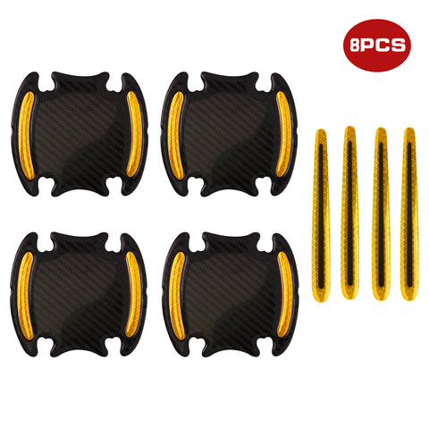 Car Door Handle Reflective Stickers Scratch Protective Cover Guard, Carbon Fiber Pattern w/Safety Warning Strip (Yellow)