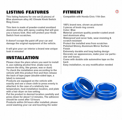 3PCS Blue Center Console AC Climate Knob Ring Overlay Trim For Honda Civic 2022+