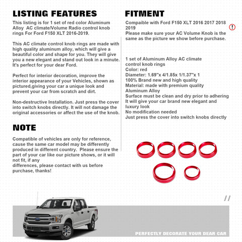 6pcs Centre Console AC Climate Control/Radio Volume Tune Switch Knob Surrounding Ring Decoration Covers Compatible with Ford F150 XLT 2016-2020 (Red)