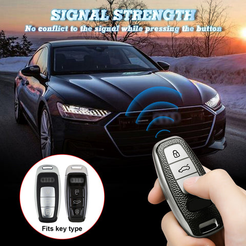Xotic Tech Silver TPU Grainy Leather Texture Key Fob Shell Cover Case w/ Keychain, Compatible with Audi A3 A6 A7 A8 E-Tron S3 S6 RS6 S7 RS7 Q7 SQ7 Q8 SQ8 3-Button Smart Keyless Entry Key