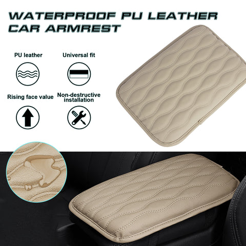 1PC Universal Car Center Console Armrest Pad Cover Seat Box Leather Pattern Beige 30x21cm