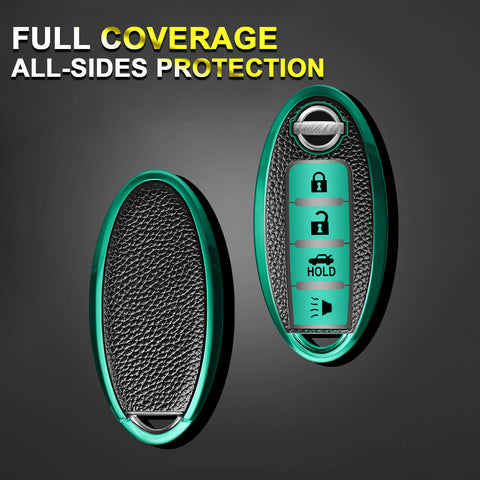 Soft 4 Button TPU+Leather Smart Key Cover Case Protector Holder For Nissan Green