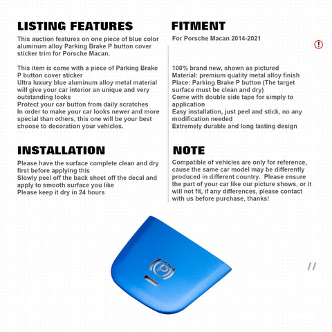 Car Interior Parking Brake P Button Switch Knob,Handbrake Button Frame Decoration Cover Sticker Compatible with Porsche Macan 2014-2021 (Blue)