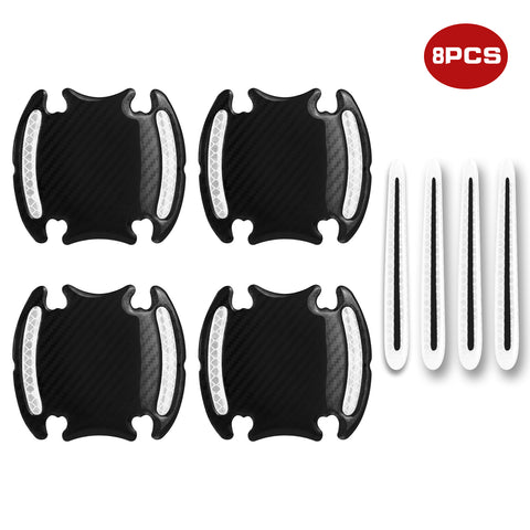 Car Door Handle Reflective Stickers Scratch Protective Cover Guard, Carbon Fiber Pattern w/Safety Warning Strip (White)