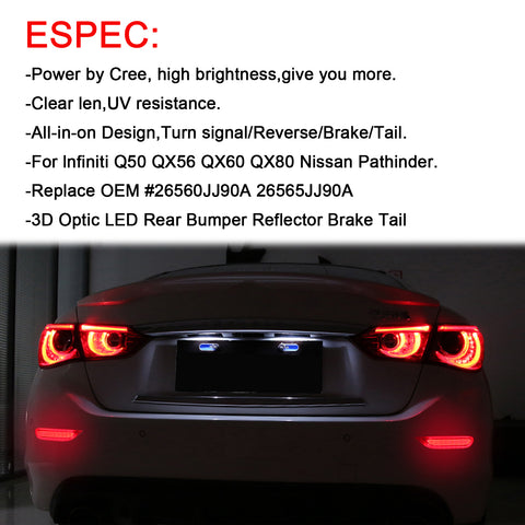 3D Optic Smoked Lens Rear Bumper Reflector Brake Tail Lights w/Sequential Turn Signal Lamps, Strobe Brake Lighting Kit For Infiniti Q50 QX56 QX60 QX80 Nissan Pathfinder Rogue, etc