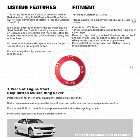 Red Engine Start Stop Button Switch Ring Cover Trim For Dodge Charger 2010-2022