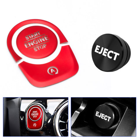 Red Aluminum Engine Start + Black Cigarette Lighter Eject Button Trim For Mercedes Benz W177 A-Class, C118 CLA-Class, X247 GLB-Class, H247 GLA-Class
