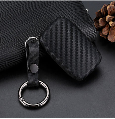 Carbon Fiber Style Key Fob Cover with Keychain - Black TPU Remote Smart Key Case Protector for Range Rover Jaguar