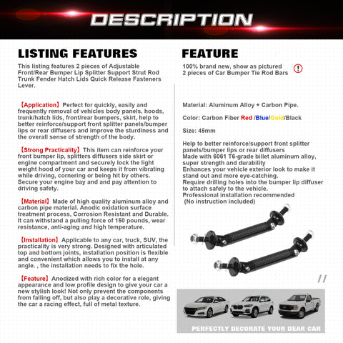 2pcs 45mm Car Adjustable Front Rear Bumper Lip Splitter Trunk Corner Edge Fender Hatch Lid Body Panel Fixed Lock Bar Support Strut Tie Rod Fastener Lever Universal Kit, Carbon Fiber Black