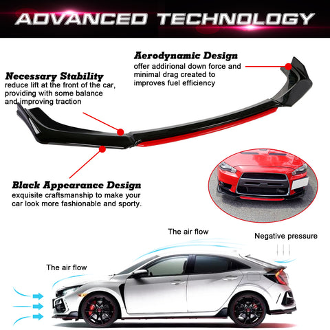 Front Bumper Lip Chin Spoiler Splitter Diffuser Protector Body Kit Compatible with Honda Accord Civic or Volkswagen MK5 MK6 MK7 or Kia Optima or Mitsubishi Lancer, Matte Black w/Red 4pcs