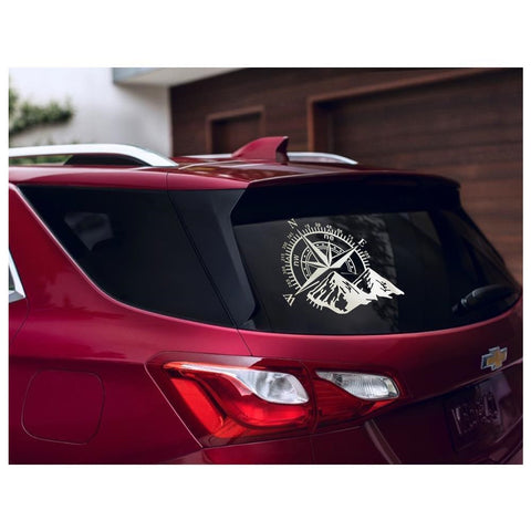 Car Home Decor - Compass Rose with Mountains Vinyl Decal Sticker for Car Trunk Door Window Hood, Shop Window, White