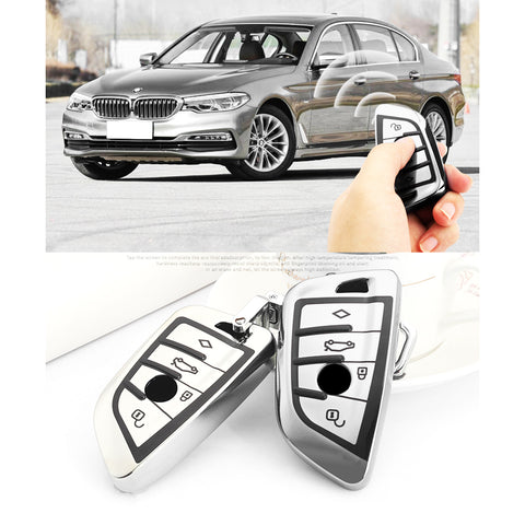 for BMW Key Fob Cover - Soft TPU Front + ABS Shell Back Blade Shape Key Case Pouch Key Protector for BMW X1 X5 X6 1 2 5 Series, Glossy Blue / Red / Silver