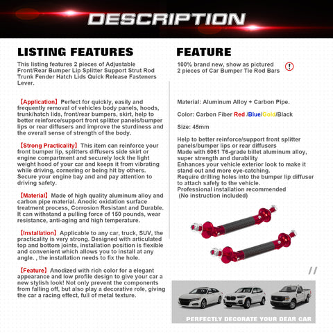 2pcs 45mm Car Adjustable Front Rear Bumper Lip Splitter Trunk Corner Edge Fender Hatch Lid Body Panel Fixed Lock Bar Support Strut Tie Rod Fastener Lever Universal Kit, Carbon Fiber Red