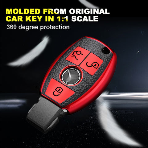 Full Protection Red Smart Key Fob Cover Case Shell w/Keychain For Mercedes Benz 3 Button