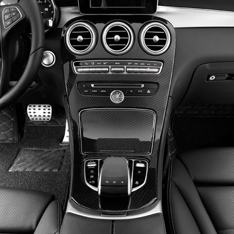 for Mercedes Benz C Class Carbon Fiber Pattern Center Console Gear Shift Panel Cover Trim, Central Control Panel Frame Decorative Sticker Fit for Mercedes Benz C Class W205 / GLC Class W253 2015-2018 (Long Wheelbase, Without Clock / With Clock)