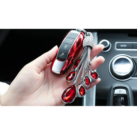 Blue / Pink / Red Universal Fit Car Key Chain Ring, Water-drop Shining Crystal Jewelry Keychain Bling Diamond Key Holder Ring, Cute Decoration Accessories