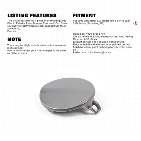 Front Bumper Tow Hook Cap Replacement Cover For BMW 3 Series 328i E90 LCI 09-12