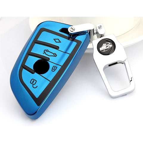 for BMW Key Fob Cover - Soft TPU Front + ABS Shell Back Blade Shape Key Case Pouch Key Protector for BMW X1 X5 X6 1 2 5 Series, Glossy Blue / Red / Silver