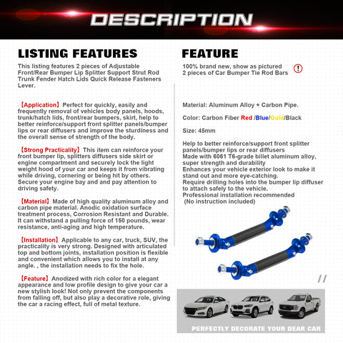 2pcs 45mm Car Adjustable Front Rear Bumper Lip Splitter Trunk Corner Edge Fender Hatch Lid Body Panel Fixed Lock Bar Support Strut Tie Rod Fastener Lever Universal Kit, Carbon Fiber Blue