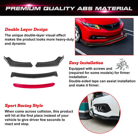 Front Bumper Lip Chin Spoiler Splitter Diffuser Protector Body Kit Compatible with Honda Accord Civic or Volkswagen MK5 MK6 MK7 or Kia Optima or Mitsubishi Lancer, Carbon Black w/Red 4pcs