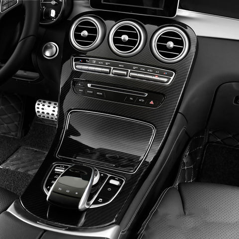 for Mercedes Benz C Class Carbon Fiber Pattern Center Console Gear Shift Panel Cover Trim, Central Control Panel Frame Decorative Sticker Fit for Mercedes Benz C Class W205 / GLC Class W253 2015-2018 (Long Wheelbase, Without Clock / With Clock)