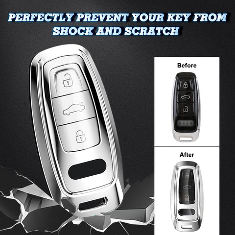 Silver TPU Full Seal Smart w/Button Key Holder Shell For Audi A7 A8 Q5 R8 TT S5