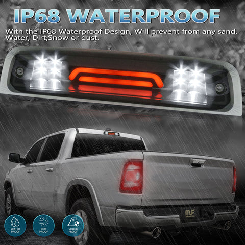 LED High Mount 3rd Third Brake Light Replacement For 2009-2018 Dodge Ram 1500 2500 3500 Red White Rear Cab Roof Center Mount Tail Stop Cargo Lights Lamps, Smoke Lens Black Housing