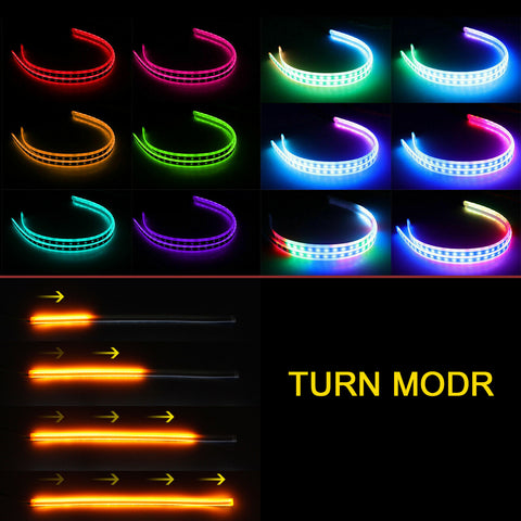 2pcs RGB Car LED Light Strip, 24" Multicolor LED Daytime Running Light Bar Sequential Turn Signal Light Tube Flexible Car Switchback Headlight Kit
