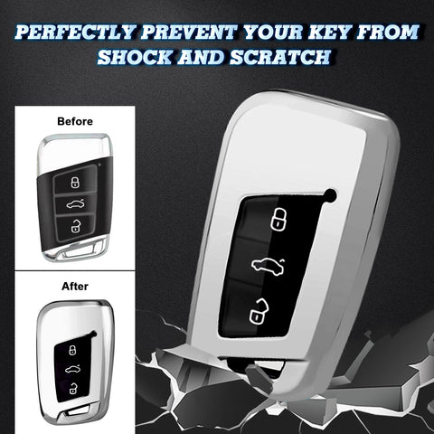 Xotic Tech Silver TPU Key Fob Shell Full Cover Case w/ Red Keychain, Compatible with Volkswagen Passat Arteon Atlas Jetta Skoda CC Golf 7 Tiguan MK2 Smart Keyless Entry Key