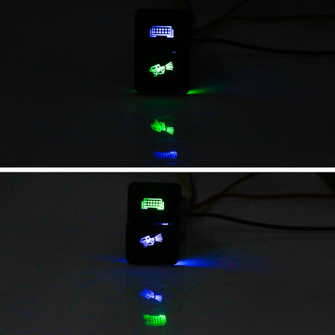 Factory Sepc 33mmx21mm 12V Green & Blue Twin Dual Push Button Switch On Off w/ Lightbar Fog Driving Light LED Background Indicator Light For Toyota Camry Corolla Tacoma Tundra RAV4 etc