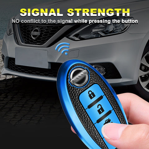 4 Buttons Remote Key Fob Shell TPU & Leather Full Protect Holder Blue For Nissan