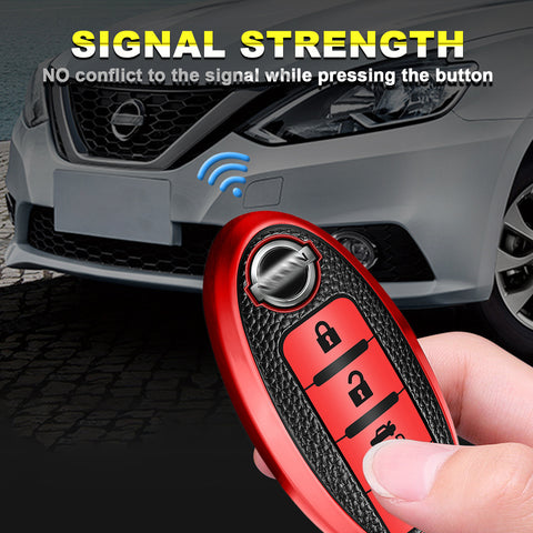 For Nissan Red Soft TPU & Leather 4-Buttons Key Fob Case Full Sealed Protection